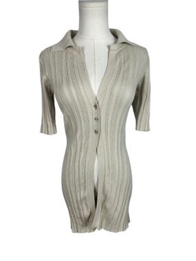 The Line by K Slim Ribbed Button-Front Cardigan in Cream